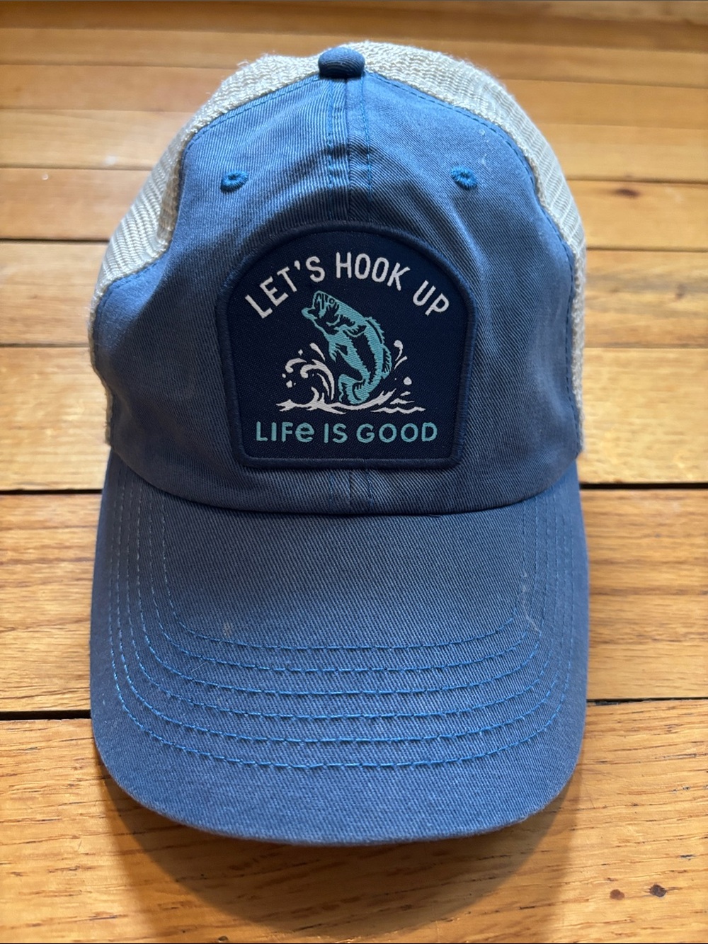 Life Is Good Blue and Cream Fishing Trucker Hat - "Let's Hook Up" Patch